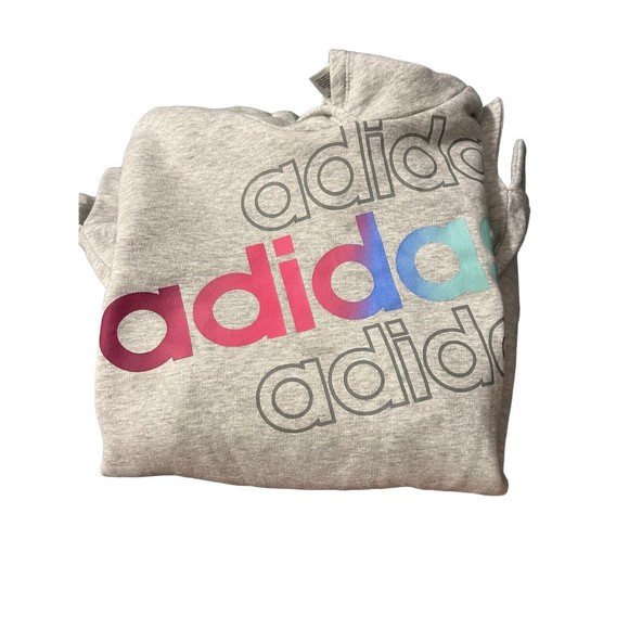 Adidas Girls XL Gray Triple Logo Hoodie Sweatshirt XL 16 Front Pocket